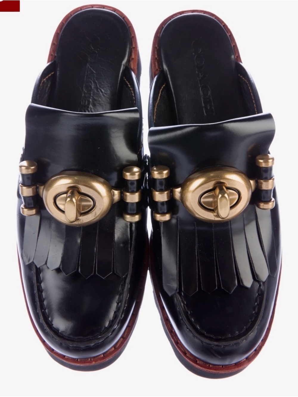 Coach Black Leather Kiltie Slip-On Loafers with Gold Turn-Lock
